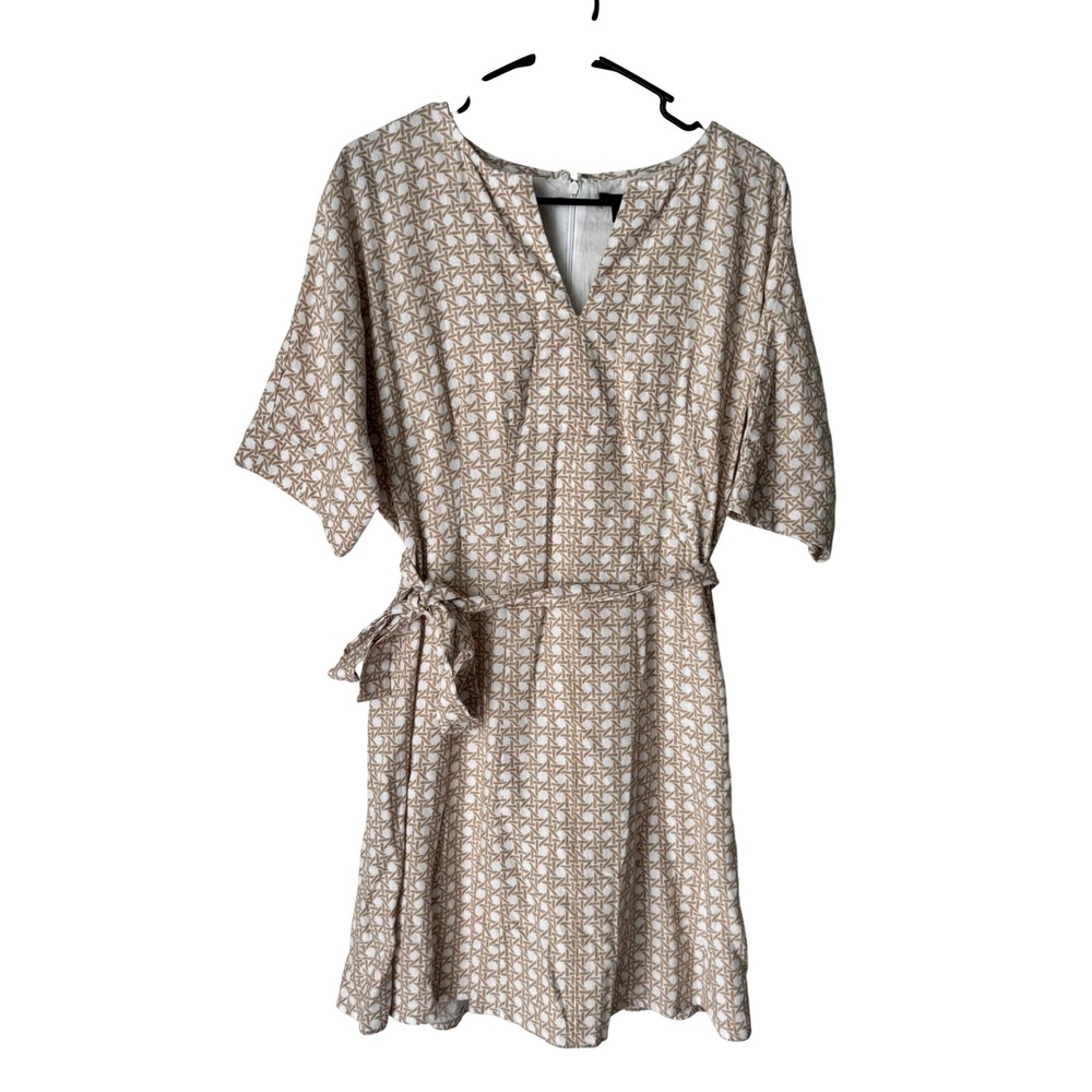 Ann Taylor Tan White Lattice Print Linen Blend V-Neck Belted Dress 6P